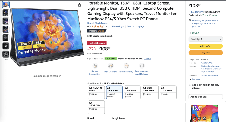 Amazon: MagicRaven Portable Monitor 15.6″ – 27% off, now $108.97